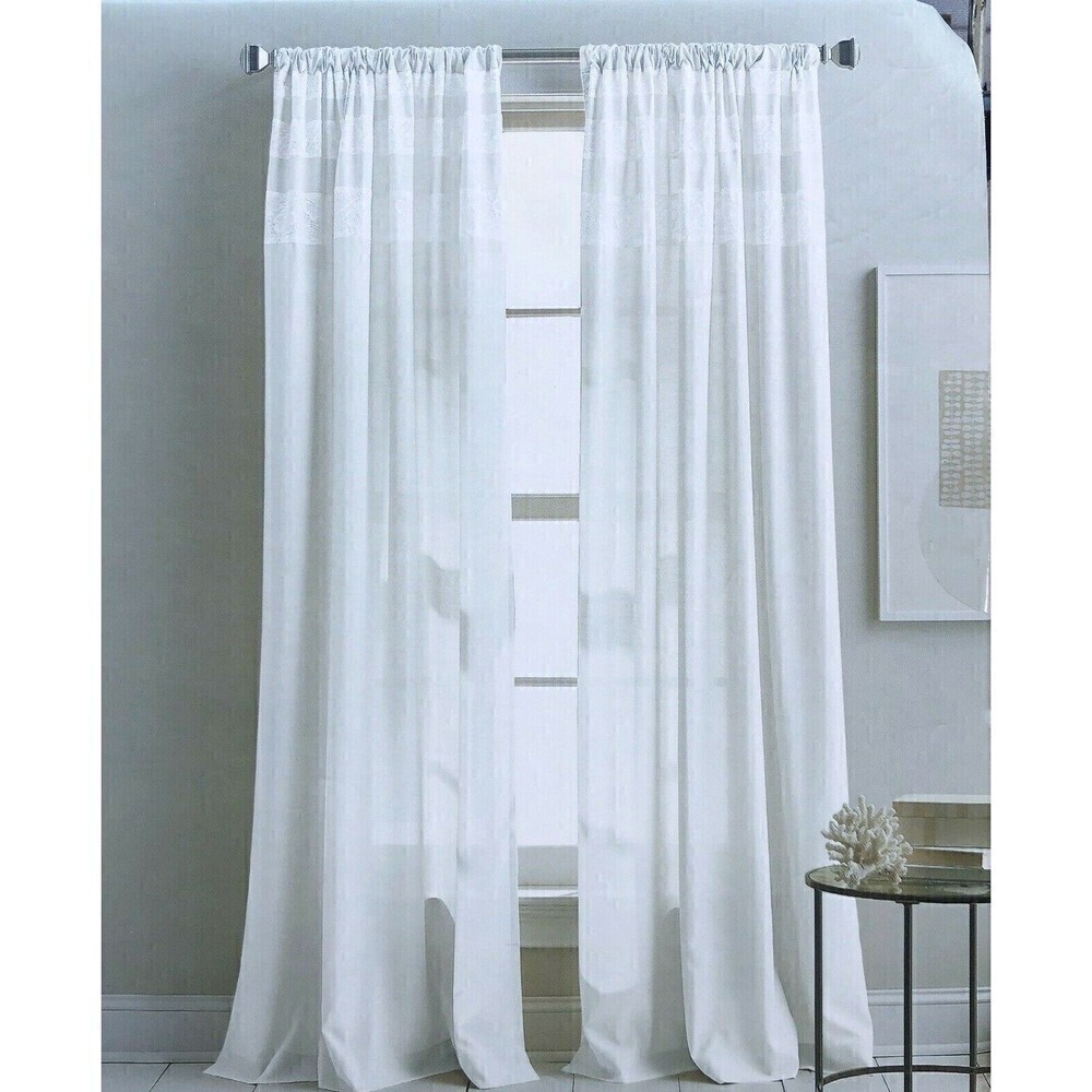 DKNY 2 Window Panels Curtains White Rod Pocket 50x96 City Lace Trim Drapes New